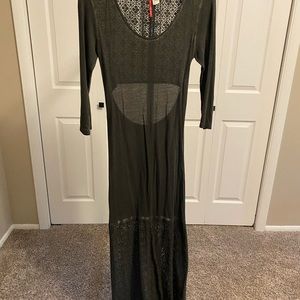 Charcoal gray maxi dress with back cutout and lace